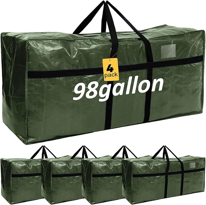 Windyun 4 Pack 98 Gallon Extra Large Storage Bags XXL Moving Bags with Zipper Handles Heavy Duty Jumbo Big Tote Box for Christmas Tree Storage 4, 5, 7.5, 9, 10, 12 ft Skeleton College Dorm(Army Green)