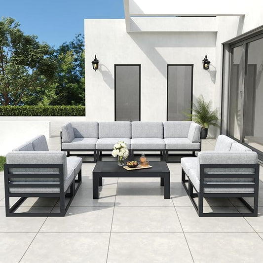 9 Pieces Aluminum Patio Furniture Set with Coffee Table, Metal Outdoor Conversation Sofa Set with Seating Cushions