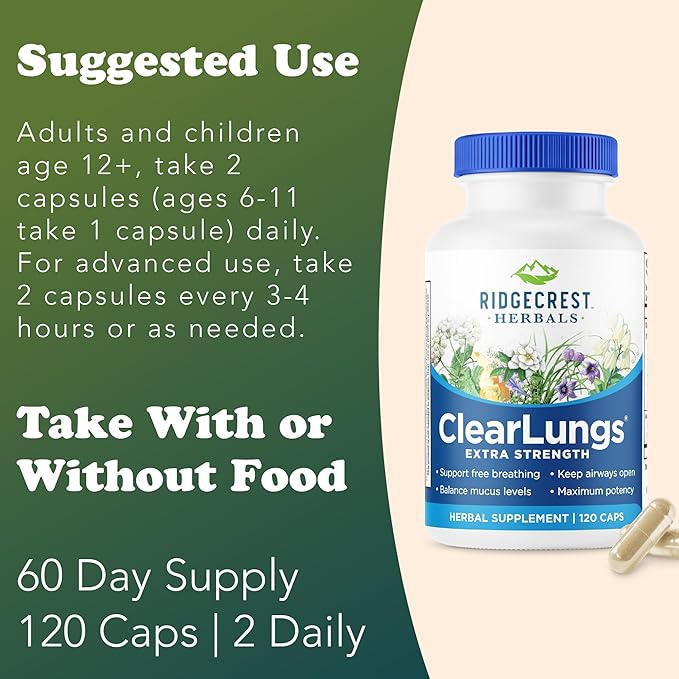 RidgeCrest Herbals ClearLungs Extra Strength, Daily Health Supplement, Natural Lung and Nasal Wellness Formula for Bronchial, Respiratory, Immune, Sinus, and Mucus Support (120 Vegan Caps, 60 Serv)