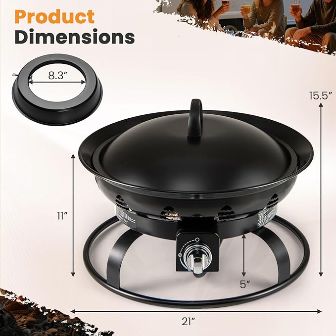 Tangkula Propane Fire Pit, 21 Inch Diameter Patio Portable Fire Bowl with Cover, Igniter & Tank Base Holder, 58,000 BTU Outdoor Gas Firepit with Lava Rock for Camping, Patio, Beach
