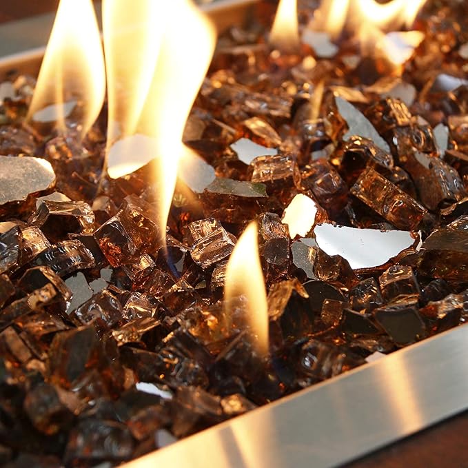 Grisun Copper Fire Glass for Fire Pit - 1/2 Inch High Luster Reflective Tempered Glass Rocks for Natural or Propane Fireplace, 10 Pounds Safe for Outdoors and Indoors Firepit Glass