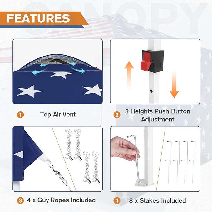 EAGLE PEAK Pop Up Canopy Tent with 1 Sidewall, Easy Setup Event Tent, Outdoor Sun Shade, Wheeled Carry Bag, Stakes and Guy Ropes, Instant Canopy 10x10, American Flag