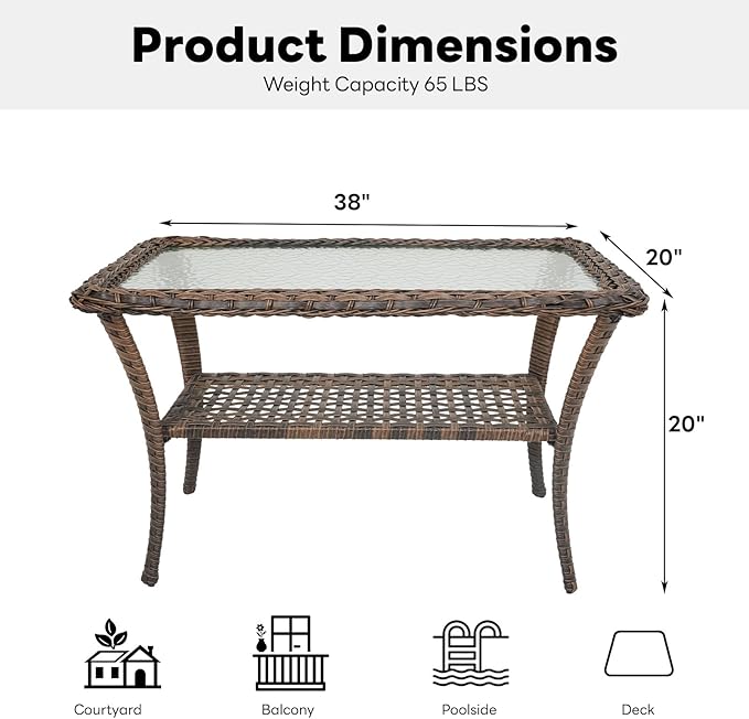 Belord 38 Inch Outdoor Coffee Table with 2 Tier Storage - Wicker Coffee Table with Water Ripple Texture Tempered Glass Top, All Weather Patio Coffee Table for Deck Porch Balcony Garden Brown