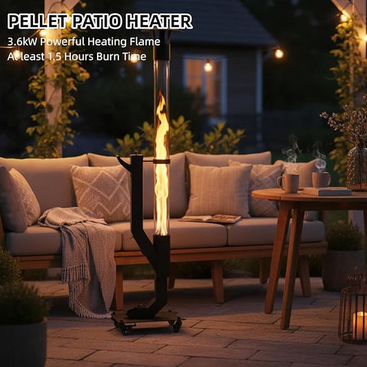 Portable Wood Pellet Heater with Wheels, Pellet Fire Pit with Rain Cap for Patio, Backyard, Evenings, Matte Black