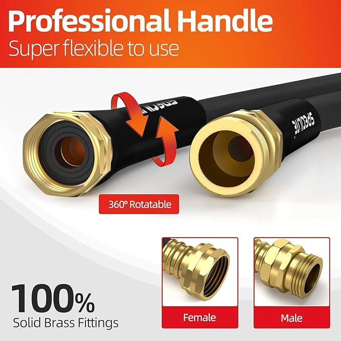 SPECILITE Garden Water Hose 75 ft x 5/8 in Heavy Duty, Flexible and Lightweight, Burst 600 psi, Kink-less Hybrid Rubber Pipe for Backyard, 3/4'' Brass Fittings,Black