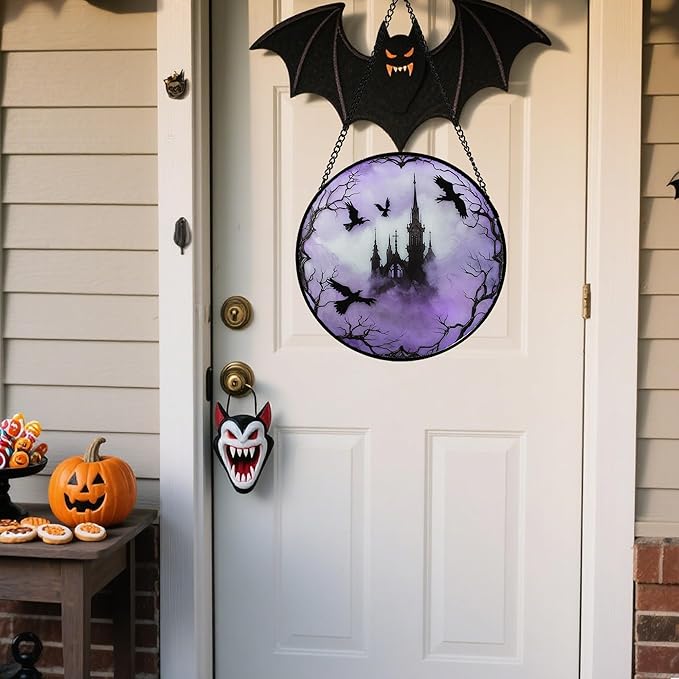 CRISGIF Stained Glass Window Hanging - Halloween Gothic Castle Purple Smoke Suncatcher for Doors Garden Home Spooky Crow Sun Catchers Gothic Decor Horror Gift for Women Men Friend Boy Girl 7.8 in