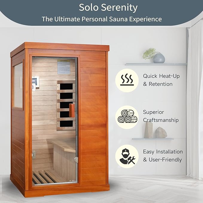 RIGO Far Infrared Sauna for Home Dry Sauna for Home Wood Sauna Room 1 Person Infrared Sauna Indoor One Person Sauna Low EMF Okoume Wood Sauna with Control Panel, Speakers and Tempered Glass Door