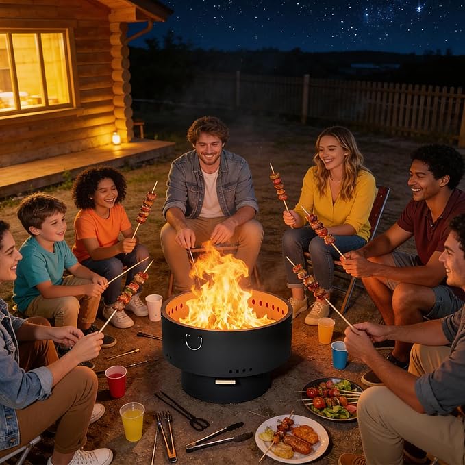 Garvee 30 in Smokeless Fire Pits, Wood Burning Firepits with Fire Poker, Outdoor Portable Fire Pits with Removable Ash Pan and Hardwood Top, Backyard Fireplace for Camping, Picnic