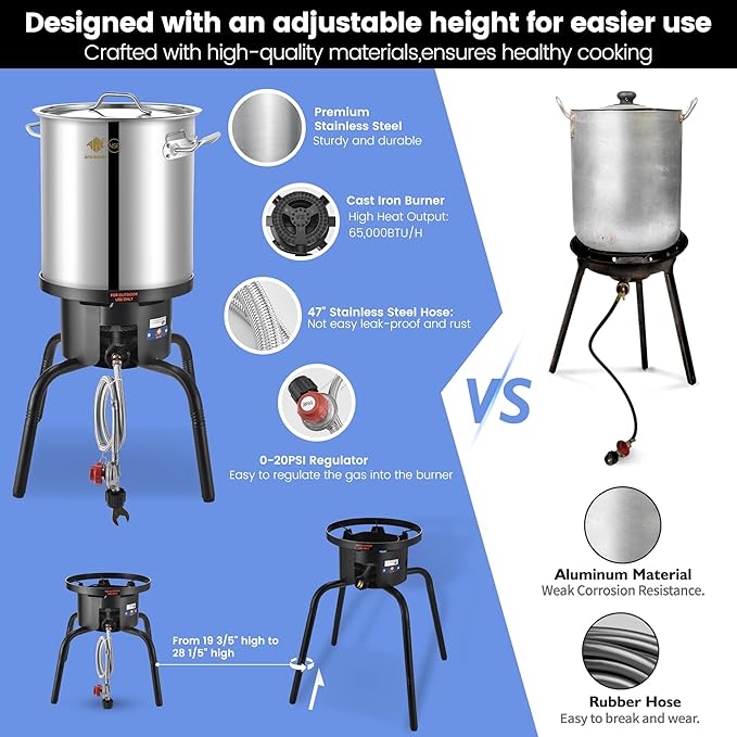 ARC 40QT Turkey Fryer Pot With Basket Kit, Stainless Steel Tamale Steamer Pot And Cast Iron Propane Burner 65,000BTU With Adjustable Legs, Crawfish Boil Seafood Boil Pot Propane Stove For Outdoor