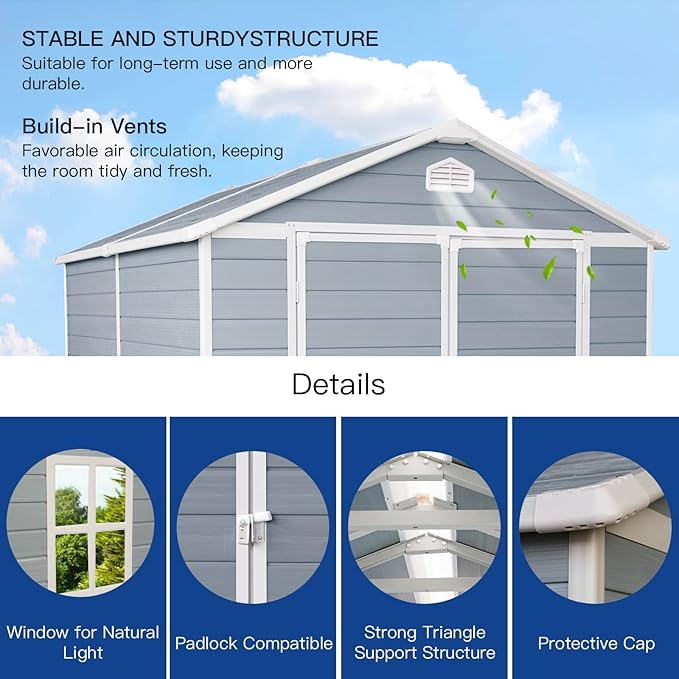 6 ft x 8 ft Resin Outdoor Storage, Plastic Garden Sheds with Floor and Lockable Door for Backyard, Lawn, Grey