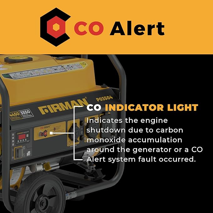 FIRMAN P03504 Gas Portable Generator, 4450W Recoil Start, 120V, CO Alert, Quiet 67dB, 208cc Engine, 5-Gallon Tank, 14 Hrs Runtime, Wheel Kit, Ideal Power Solution for RV, Home & Outdoor Adventures