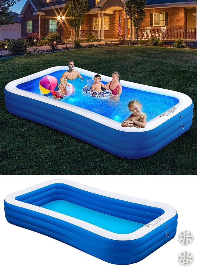 Inflatable Swimming Pool with Pool Lights, 130" x 72" x 22" Full-Sized Large Inflatable Family Pool, Summer Water Party, Outdoor, Garden Backyard, Suitable for Adults