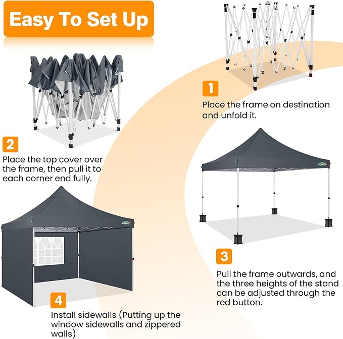 COBIZI 10x10ft Pop Up Canopy with 4 Removable Sidewalls, Easy Up Commercial Gazebos, Waterproof and UV50+ Gazebo with Portable Bag, Adjustable Leg Heights, Tents for Parties, with 4 sandbags, Gray
