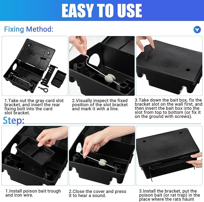 Qualirey 6 Pack Rat Bait Stations Large Rodent with Key Reusable Mouse Stations Mice Blocks Heavy Duty Boxes for Outdoor Rodents Mice Blocks, Bait Not Included, Black (9.8 x 7.5 x 3.9 Inches)