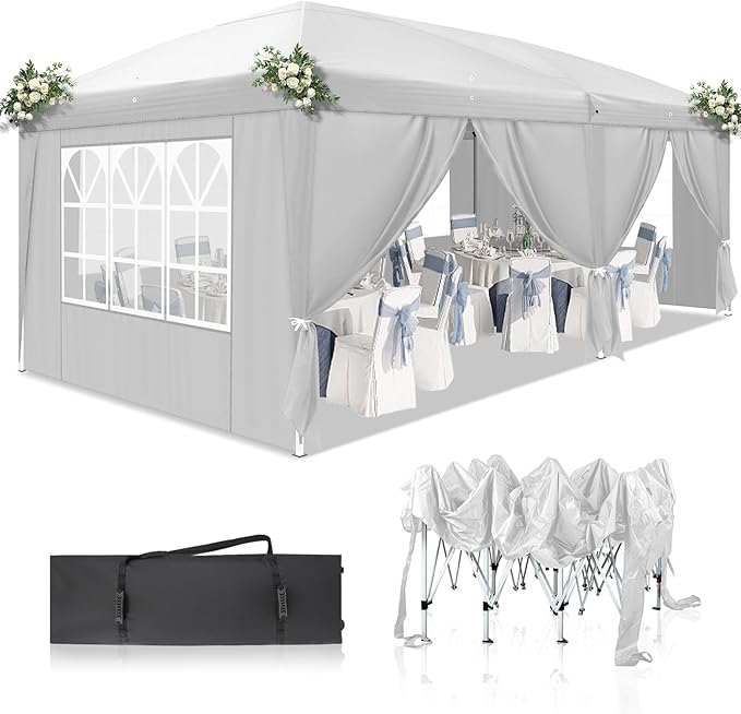 CFATLFRM 10x20 White Pop Up Canopy Tent with 6 Removable Sidewalls, Carry Bag & 6 Sandbags & Stakes & Ropes Portable Commercial Outdoor Shelter Gazebo Tents for Parties Wedding Event Camping