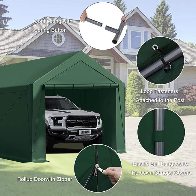 Carport Canopy 10x20 Heavy Duty, Portable Carport Garage with Removable Sidewalls and Door, Car Port with Waterproof Canopy for All Season (Green)