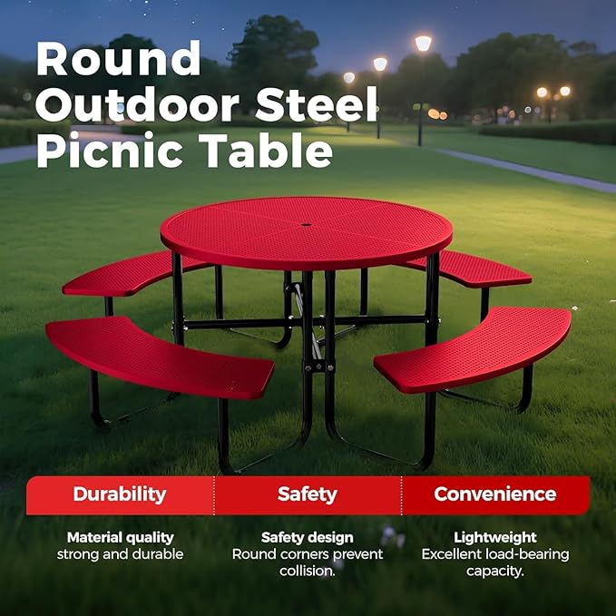 KUFUH 46" Coated Round Metal Picnic Table for 4-8 Person, Durable Heavy Duty Commercial Picnic Table with Umbrella Hole for Outdoor Coffee Shop, School, Easy to Install, Red