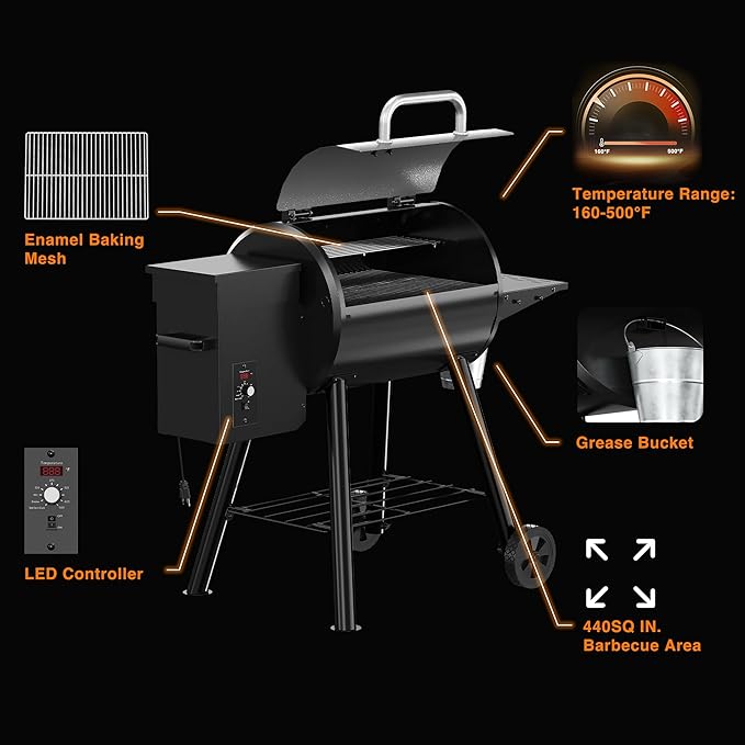 Wood Pellet Smoker Grill and Smoker, 440 SQ. IN Cook Area, Pellet Grill with Base Storage Rack, 500°F Max Temperature, Outdoor Grilling, Smoking, and BBQ (Black)