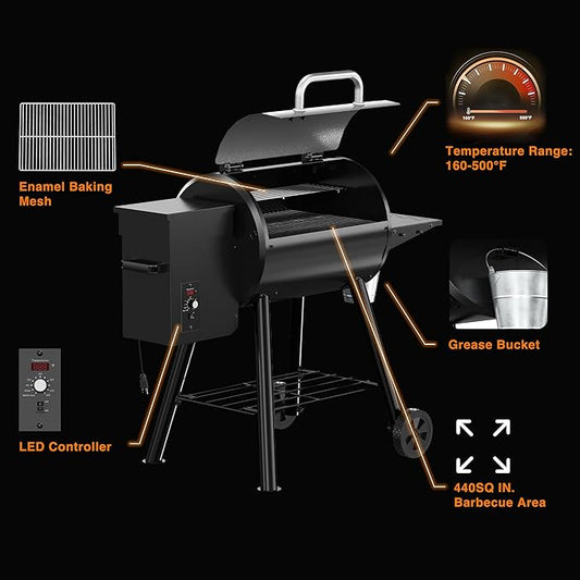 Wood Pellet Smoker Grill and Smoker, 440 SQ. IN Cook Area, Pellet Grill with Base Storage Rack, 500°F Max Temperature, Outdoor Grilling, Smoking, and BBQ (Black)