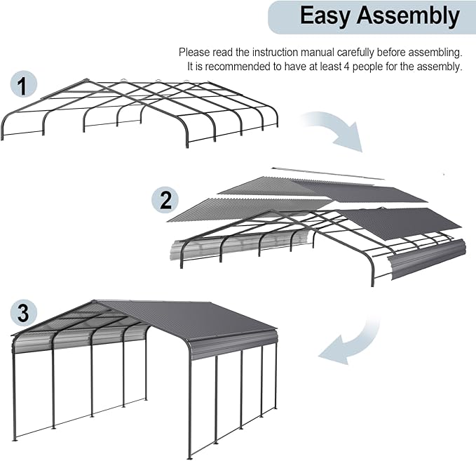 Ball & Cast 12x20 FT Carport with Galvanized Steel Roof, Heavy Duty Metal Carport Canopy, Metal Carport Garage Outdoor Storage Shed for Car, Boats and Truck, Gray