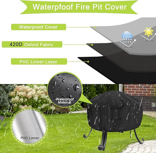 Round Fire Pit Cover, 30 Inch Outdoor Firepit Covers, Heavy-Duty Windproof Waterproof Fire Bowl Cover for Firepit