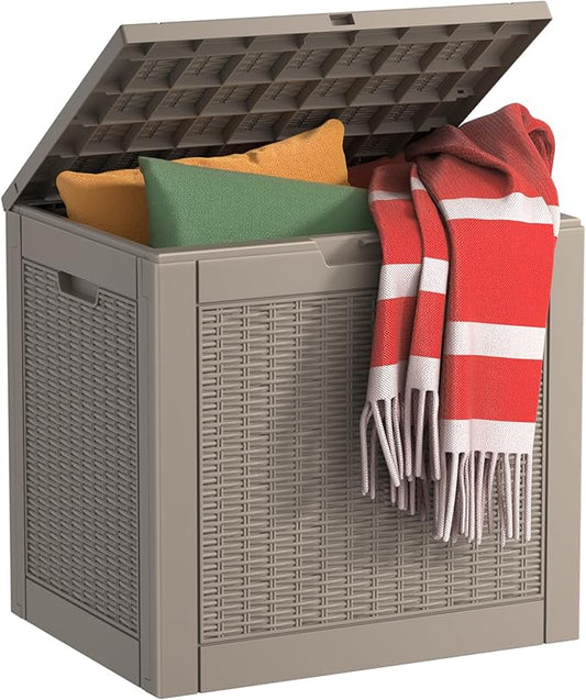 EasyUp 30 Gallon Outdoor Storage Box, Resin Waterproof UV-Resistant Deck Box, Reinforced Stability for Patio, Garden, and Poolside, Rattan Gray