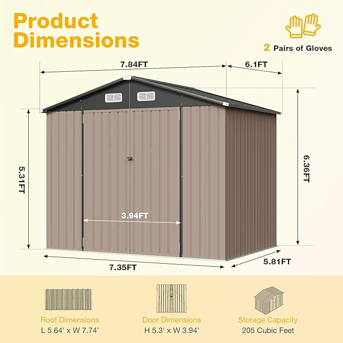 8x6 FT Outdoor Storage Shed & Lockable Double Doors, Heavy-Duty Galvanized Steel Outdoor Metal Shed for Bike, Tool, Generator Storage in Backyard, Patio (8’x6’)