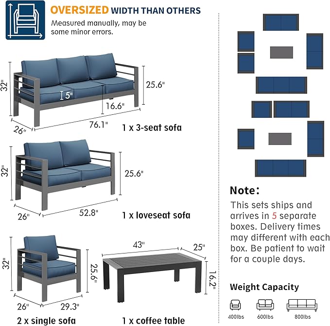 UDPATIO 10 Piece Aluminum Patio Furniture Set, Oversized Modern Outdoor Furniture Set with Olefin Fabric Cushion for Patio Deck Backyard, Dark Grey/Navy(with Waterproof Covers)