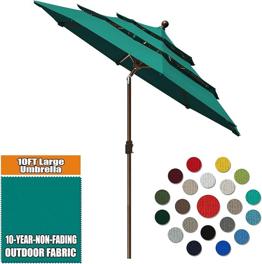 Eurmax USA 10-Year-Non-Fading 10Ft 3 Tiers Market Umbrella Outdoor Patio Umbrella Table Umbrella with 8 Ribs,Hand Crank and Ventilation (Teal)