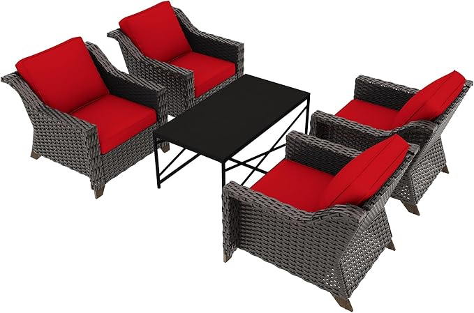 5 Pieces Outdoor Conversation Furniture Set - 4 PE Rattan Armchairs, 1 Metal Coffee Table, Patio Wicker Furniture Set with Water-Resistant Cushions for Swimming Pool, Sunroom (Red)