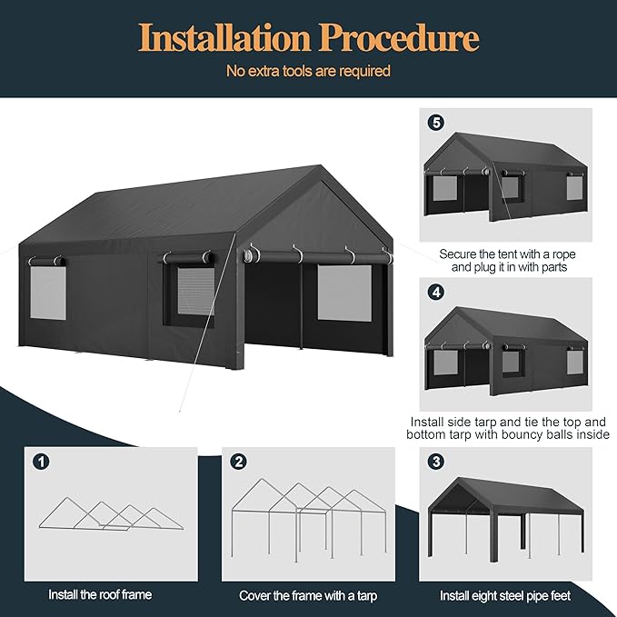 Shintenchi Carport 12' x 20' Heavy Duty Portable Garage, Car Port Canopy with Side-Opening Removable Door & Roll-Up Windows, Car Canopy for Truck,Car,Boat,Motorcycle,Grey