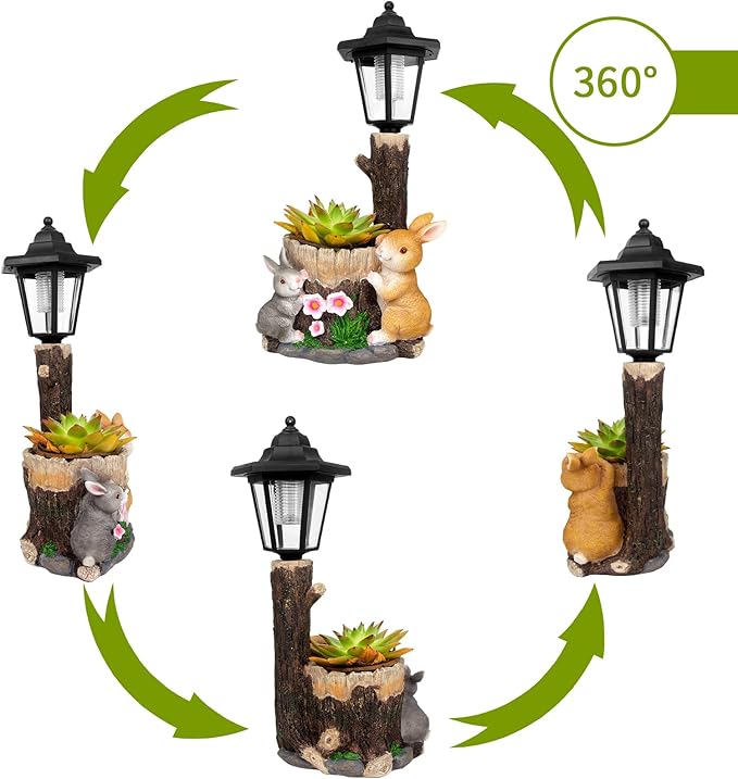 YEPOTUE Solar Bunny Garden Stalue Outdoor, Rabbits Figurine Flowerpot Decolwith Solar Lantem for Yard Art Lawn Ornaments Porch Patio Balcony - Gardening Gifts for Women Mom