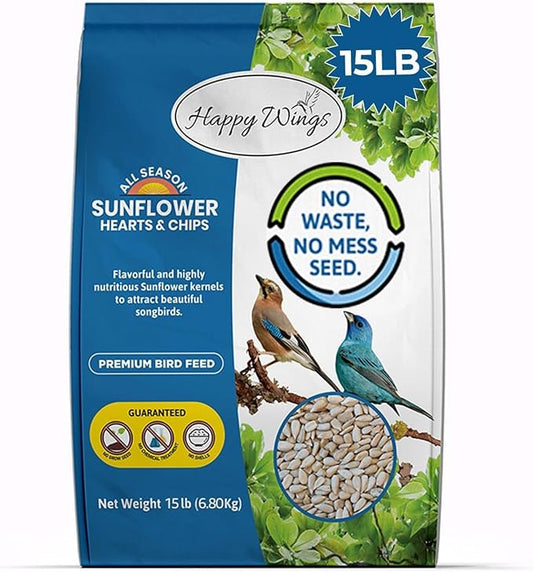 Happy Wings Sunflower Hearts & Chips Bird Food 15 lbs No Mess, No Waste Seed No Grow Formula Ideal for Wild Birds, Finches, Sparrows, and Year-Round Feeding.