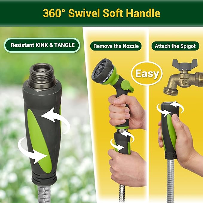 Garden Hose - Water Hose 100 FT with Swivel Handle & 8 Function Nozzle, Flexible, Heavy Duty, No Kink, Lightweight Metal Hose for Outdoor, Yard, 304 Stainless Steel