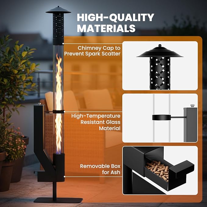 DoCred Patio Pellet Heater, 61.8" H Wood Pellet Heaters with Thickened Base, Smokeless Outdoor Glass Fire Tube Heater Metal Fire Pit for Patio, Backyard, Camping, Porch & Garden Outside, Black