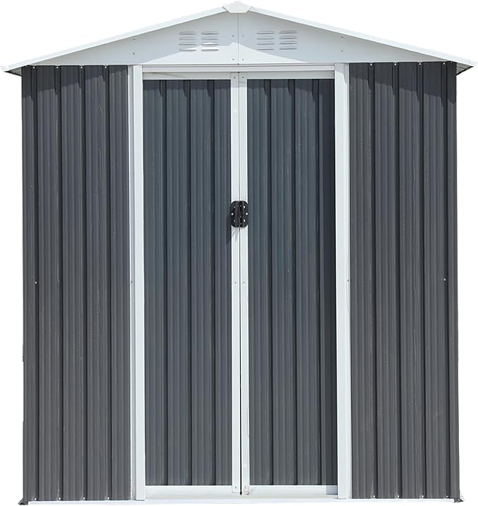 6x4 FT Outdoor Storage Shed with Base,Tool Shed with Sloped Roof and Lockable Door, Weather Resistant Metal Shed for Backyard Garden Patio Lawn,Grey