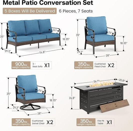 6 Piece Black Metal Outdoor Patio Furniture Sets with Firepit Table, Patio Conversation Sets 1 3-Seater Sofa, 2 Leg Sofa and 2 Swivel Sofa with 5.75" Cushion for Backyard Deck, Navy