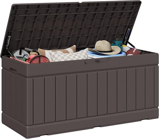 JUMMICO 78 Gallon Outdoor Deck Box Large Resin Storage Box for Patio Furniture Cushions and Garden Tools (Brown)