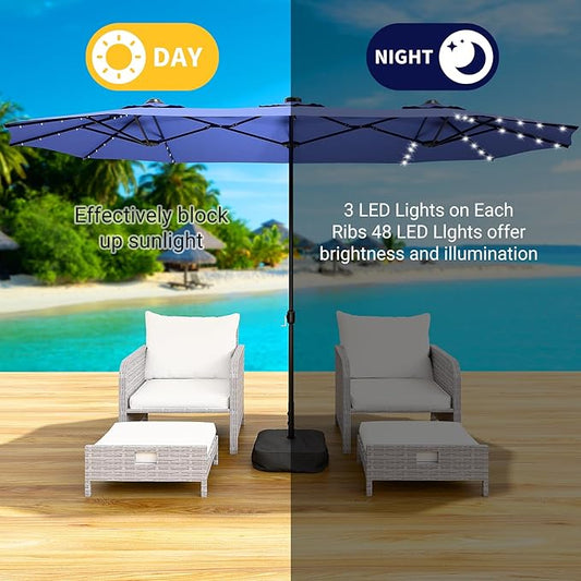 LEVELEVE 15FT Large Patio Patio Umbrella with Base & Solar LED Lights - Double-Sided,Blue