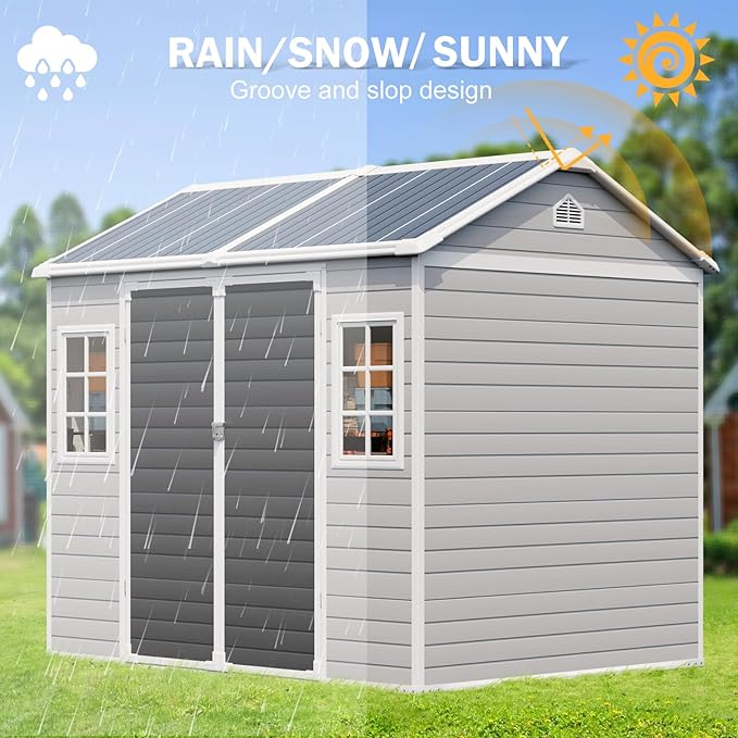 CDCASA 8x6 FT Resin Storage Shed, Waterproof Large Outdoor Sheds with Floor & 2 Adjustable Openable Windows Included, Outside Plastic Tool Shed for Backyard Patio Poolside Garden Lawn