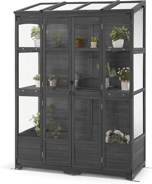 MCombo Wooden Greenhouse, Walk-in Outdoor Greenhouse with Openable Roof and Lockable Door, 0899 (Dark Grey)