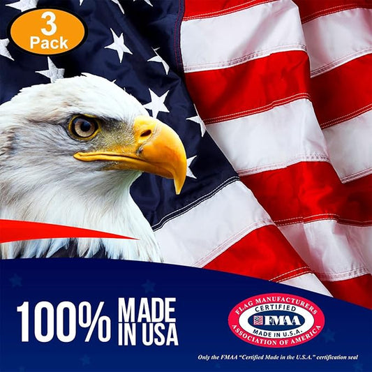 American Flags for Outside 3X5 (Pack of 3) - 3x5 Flag with Embroidered Stars and Sewn Stripes, Heavy Duty, All Weather, Made in USA for High Wind