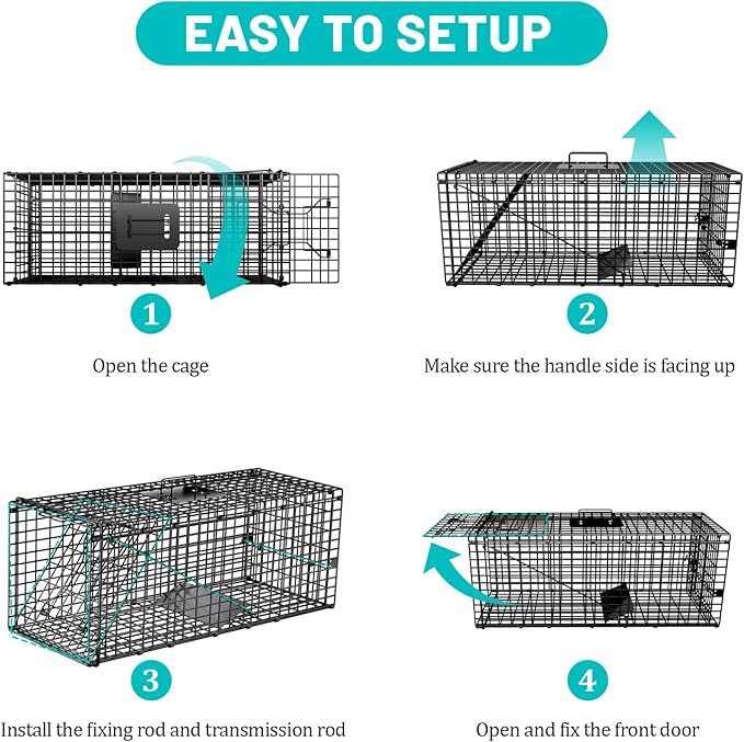 Live Humane Animal Trap, 32" x 11" x 12" Heavy Duty Humane Animal Cage Trap Catch and Release, Foldable Cat Trap for Stray Cats, Raccoons, Groundhogs, Opossums, Armadillos, and Similar-Sized Animals