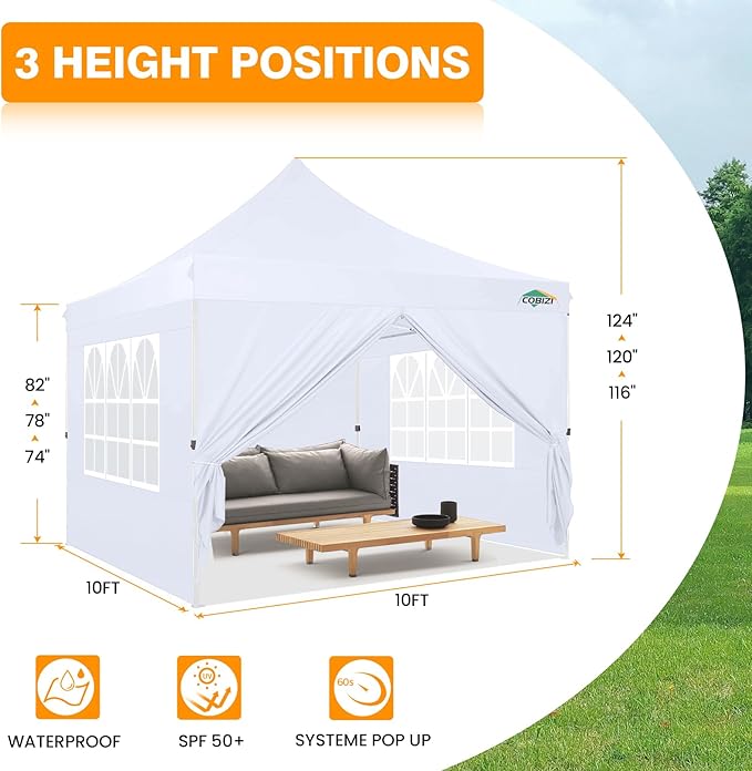 COBIZI 10x10ft Pop Up Canopy with 4 Removable Sidewalls, Easy Up Commercial Gazebos, Waterproof and UV50+ Gazebo with Portable Bag, Adjustable Leg Heights, Tents for Parties, with 4 sandbags