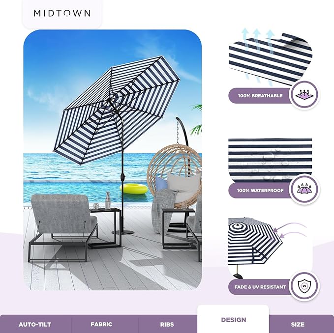 Midtown Umbrellas The Lean 9 Feet Outdoor Umbrella With Terylast Navy Stripes (Navy/White Stripes) Polyester Fabric - Auto-Tilt Aluminum Frame Patio Umbrella For Deck, Garden, Pool - Black Pole