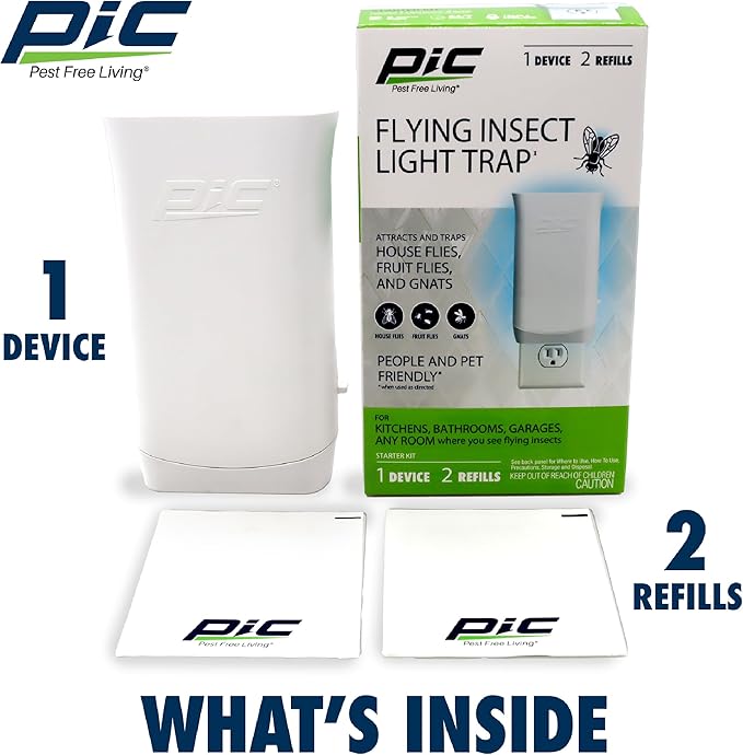 PIC Flying Insect Light Trap, Attracts and Traps House Flies, Fruit Flies, and Gnats (1 Device & 2 Cartridges)