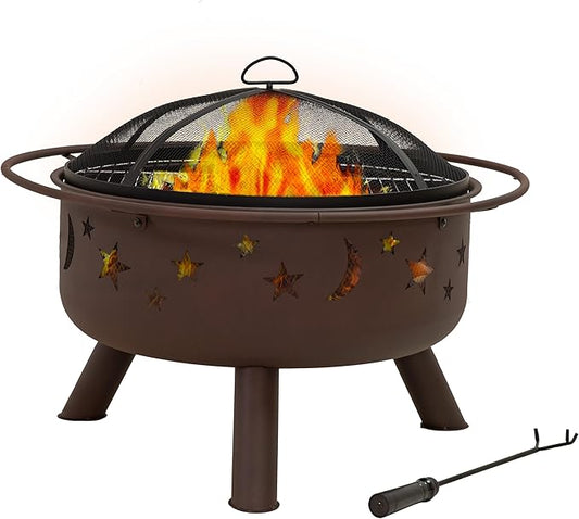 Sunnydaze Cosmic 30-Inch Patio Fire Pit for Outside - Outdoor Wood-Burning Fire Pit with Grill Grate, Spark Screen, and Fireplace Poker