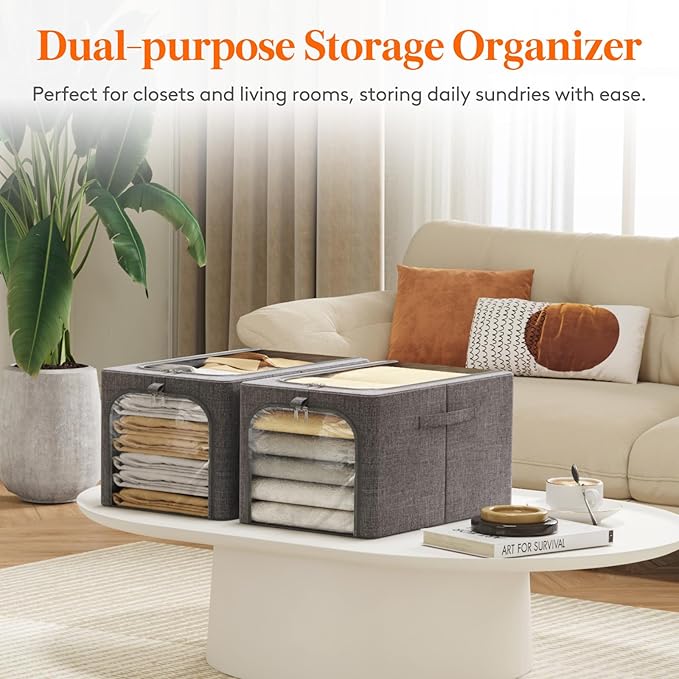 Lifewit Clothes Storage Bins with Metal Frame 6 Pack, Fabric Stackable Storage Bags with Lids, Zipper, Foldable Clost Organizers Containers for Clothing, Blanket, Winter Cloth, 40L