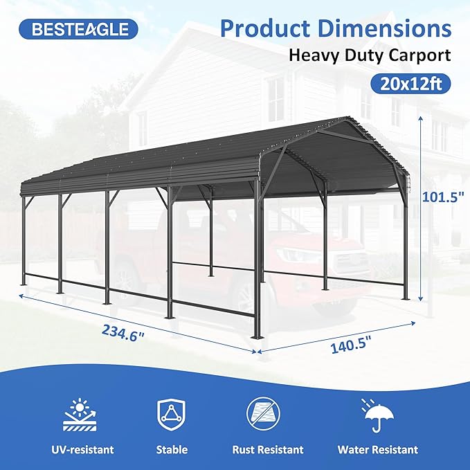 12x20FT Metal Carport, Carports with Reinforced Frame and Enhanced Base, Heavy Duty Carport Canopy for Car, Boats, Tractors, Trucks or Party, Dark Gray