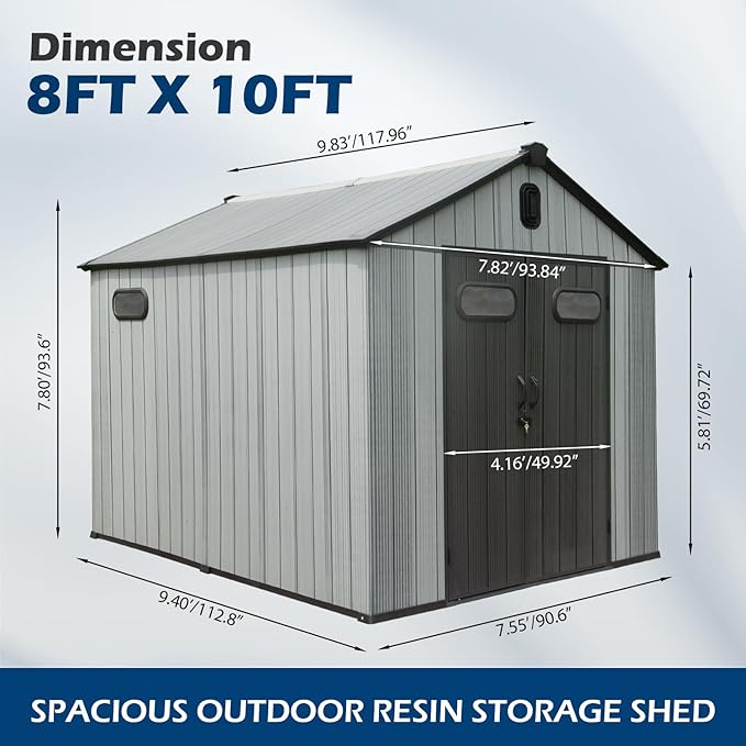 Domi 8x10Ft Resin Outdoor Storage Shed, Plastic Garden Shed with Carpet, Outside Weatherproof Storage Building for Tools, Bike, Lawn Mower, Patio, Backyard